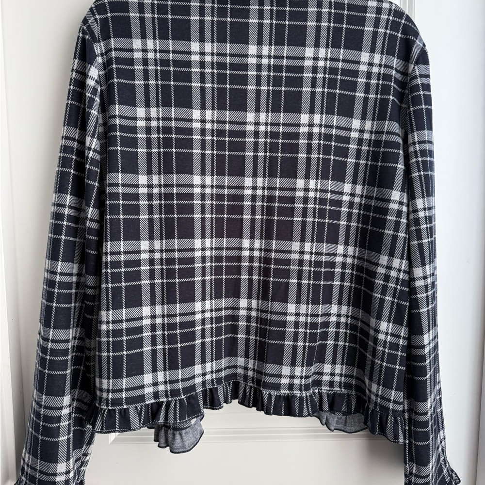 Grace Karin Blue & White Plaid Ruffle Edge Open Front Jacket, Sz XXL - Picture 2 of 6